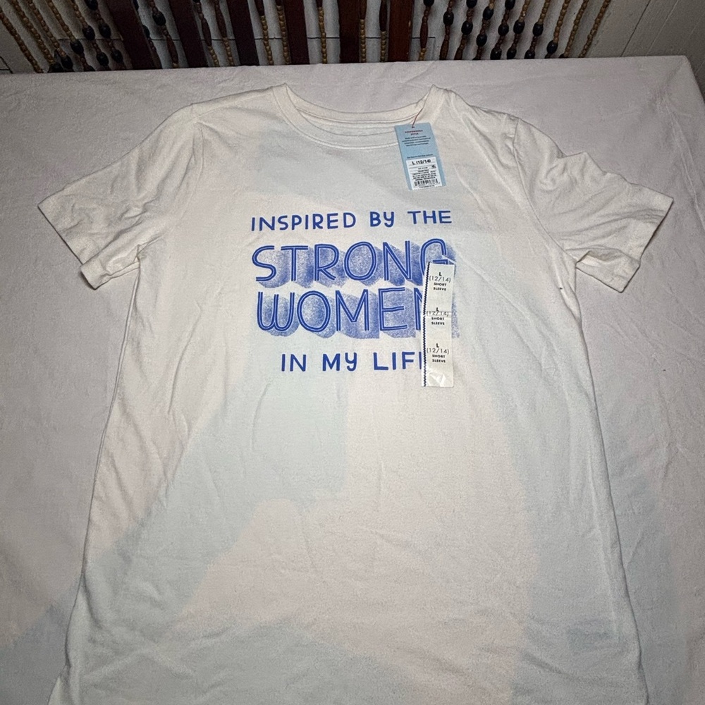 White T-Shirt with Blue Text
